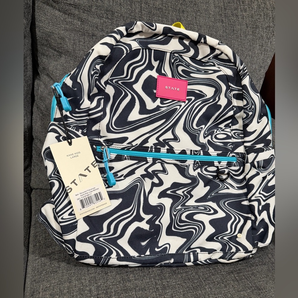 State Kane Kids Black and White Large Marbled Backpack Double Pocket New NWT
